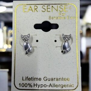 Ear Sense Silver Tone Rhinestone Cat Stud Earrings Hypoallergenic Sensitive Ears